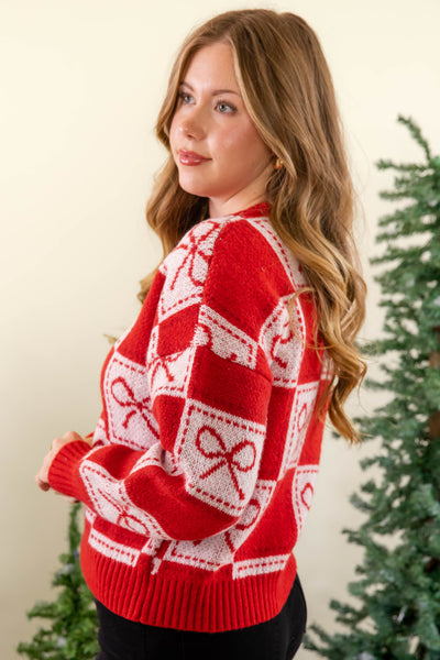 Checked Bow Sweater- Red Bow Sweater- 