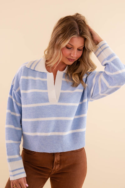 Blue and White Stripe Pullover Sweater- Women's Soft Collar Sweater- Creamon Sweater