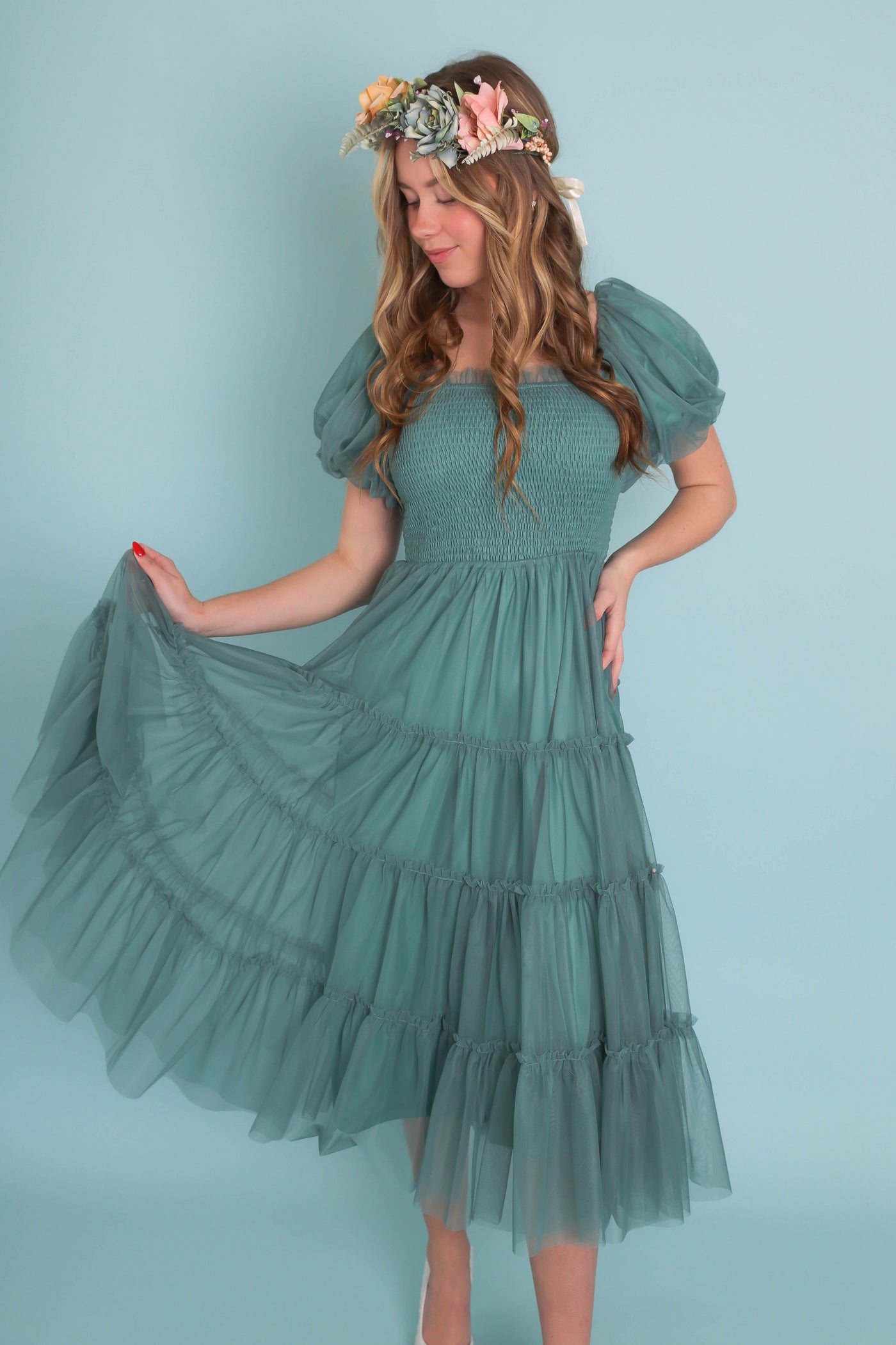 Women's Pretty Teal Tulle Dress- Women's Tulle Long Dress- Tulle Long Photoshoot Dress