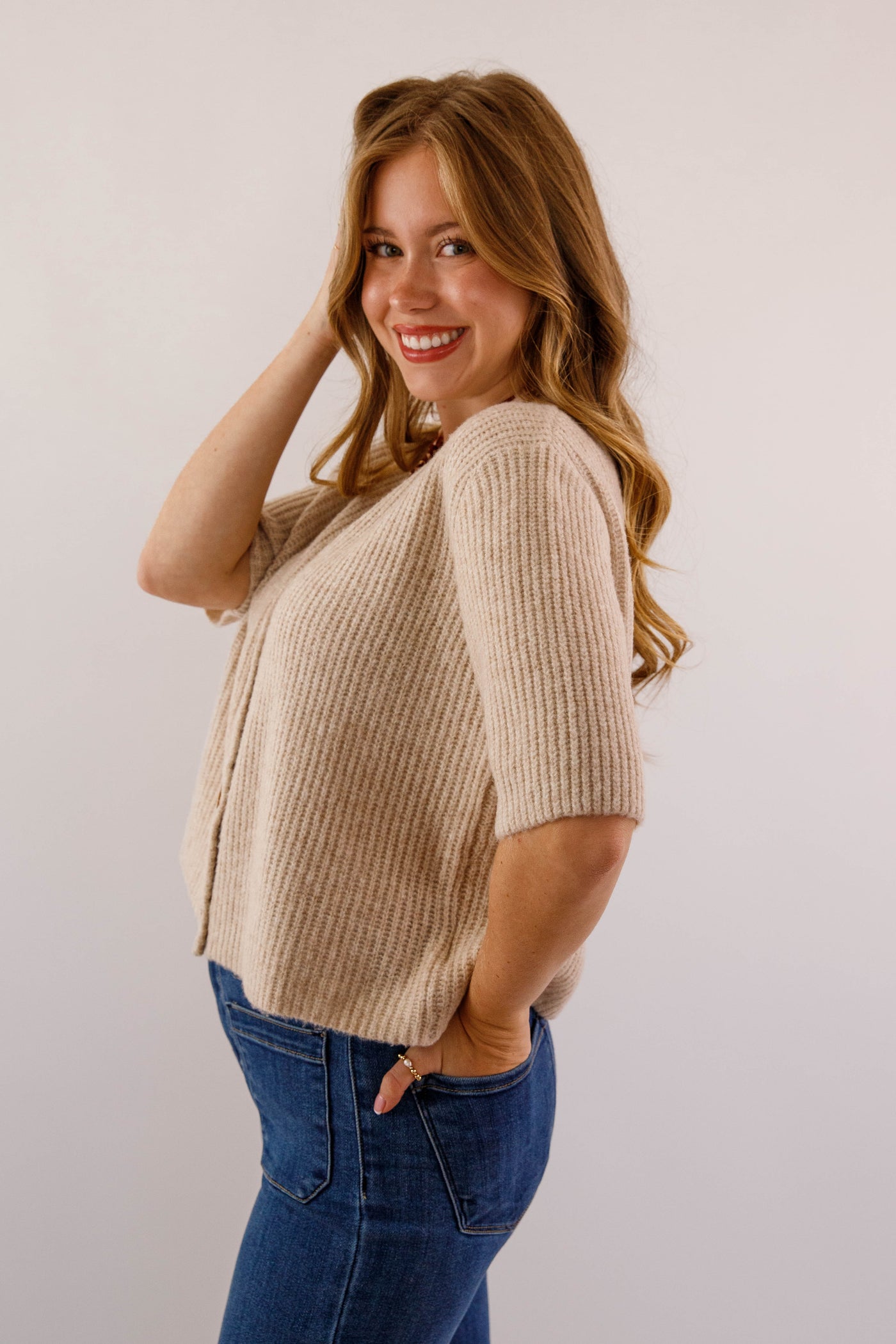 Women's Taupe Button Up Cardigan-  Classic Taupe Short Sleeved Cardigan- Miss Love Taupe Cardigan