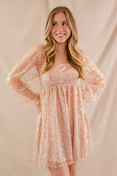 Women's Long Sleeve Sequin Dress- Blush Pink Sequin Dress- Main Strip Party Dress Dress