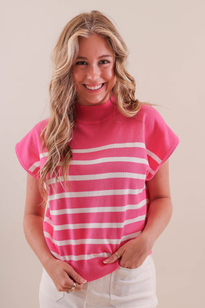 Women's Pink and White Stripe Blouse- Women's Preppy Tops- Eesome Tops