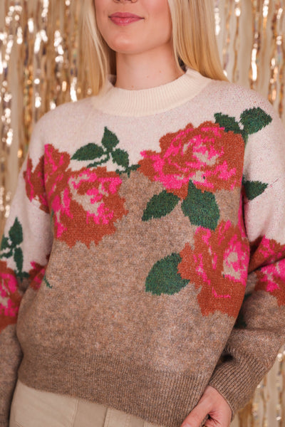 Adorable Floral Print Sweater- Women's Rose Print Sweater- Entro Sweaters
