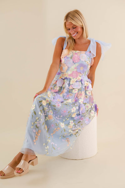 Light Blue Floral Embroidered Maxi Dress- Tulle 3d Flower Dress- Just Me Flower Maxi Dress