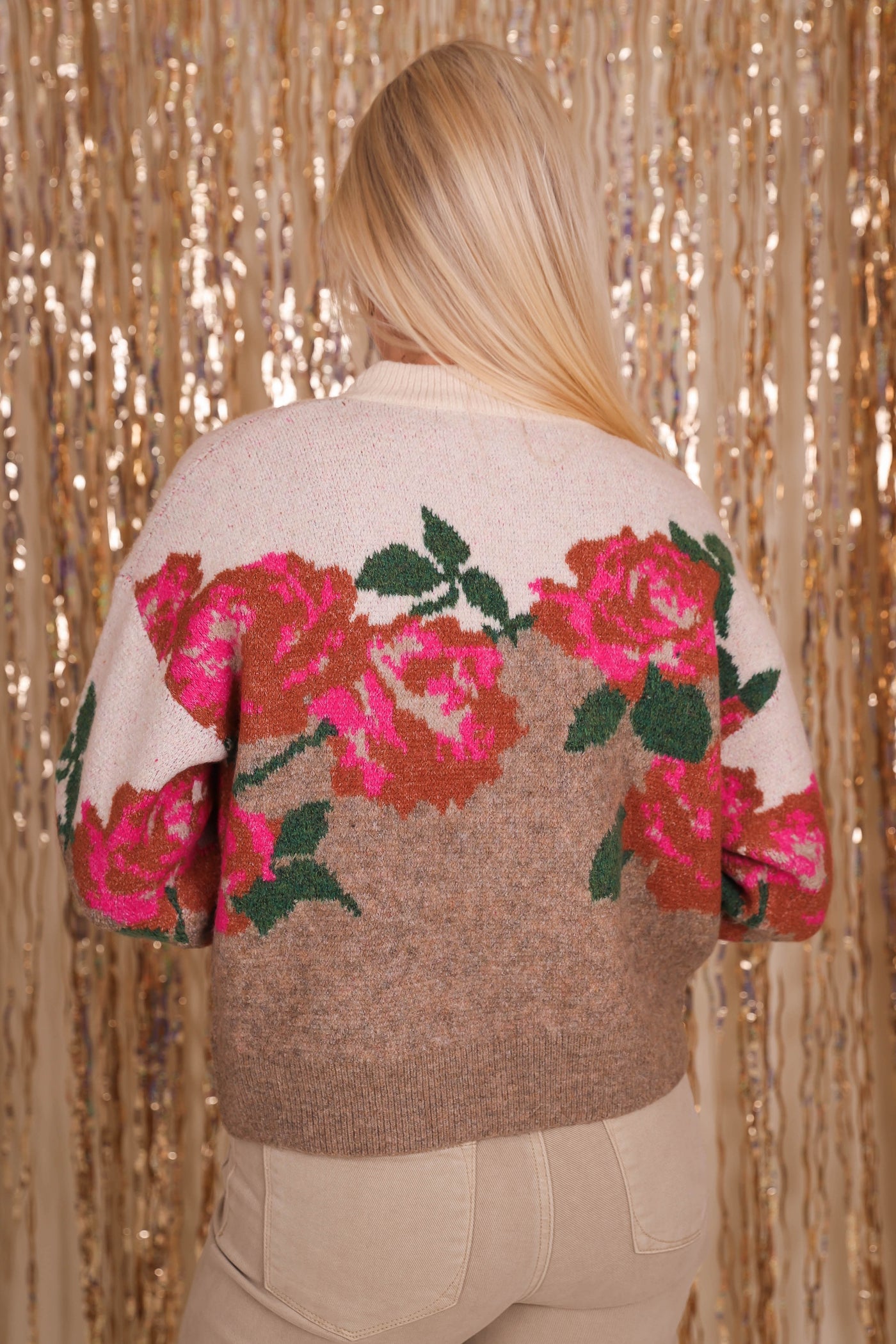 Adorable Floral Print Sweater- Women's Rose Print Sweater- Entro Sweaters