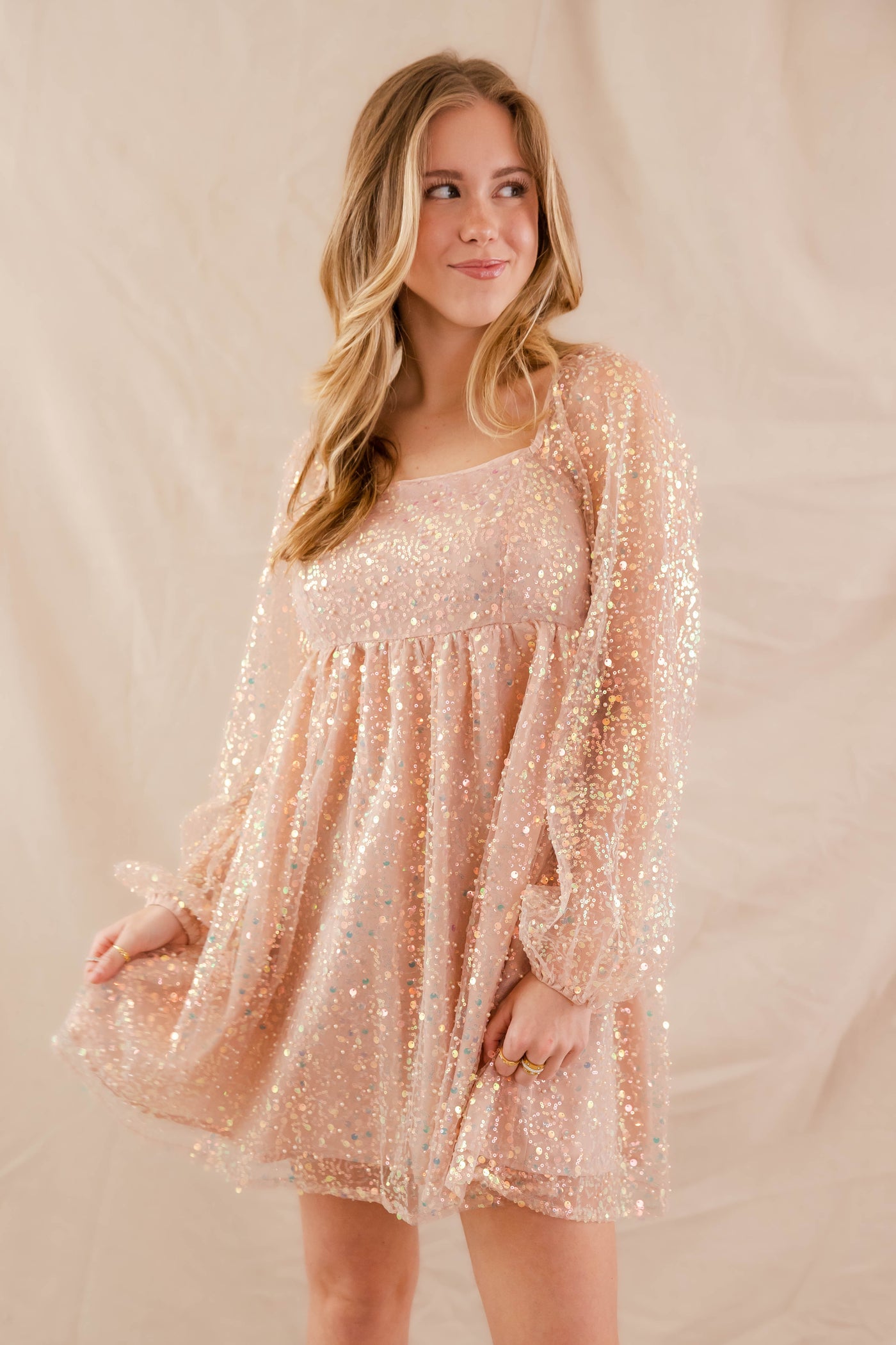 Women's Long Sleeve Sequin Dress- Blush Pink Sequin Dress- Main Strip Party Dress Dress