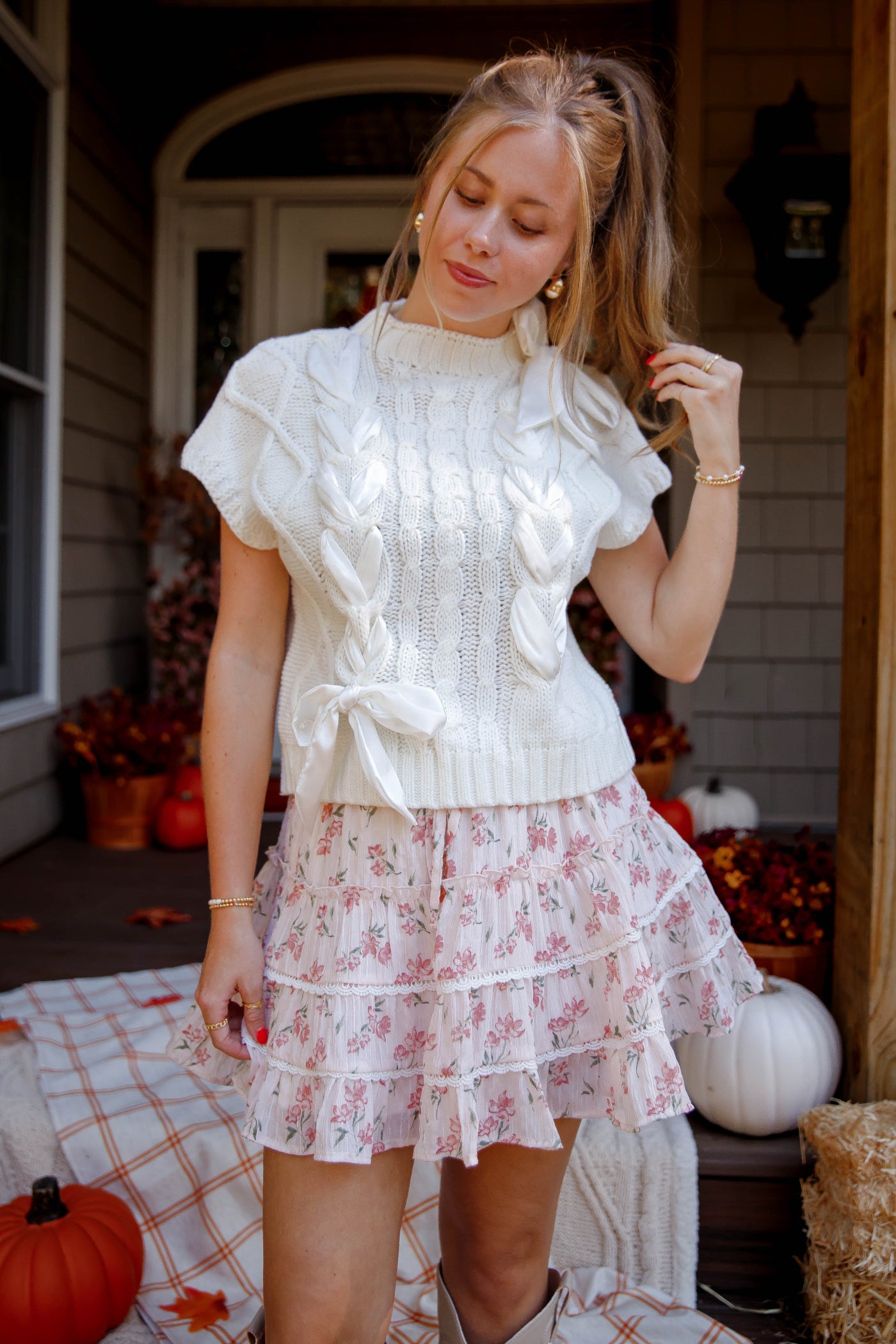 Sweater Vest with Satin Ribbon Bow- Women's Preppy Cable Knit Sweater Vest with Bows- Lalavon Ribbon Sweater Vest