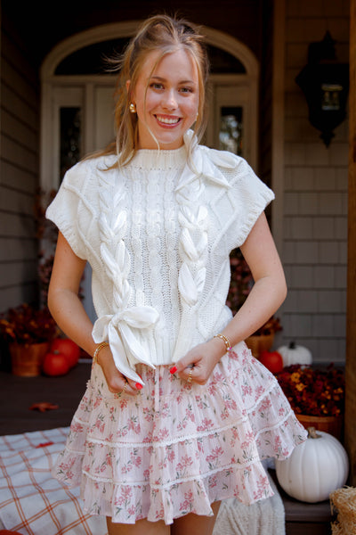 Sweater Vest with Satin Ribbon Bow- Women's Preppy Cable Knit Sweater Vest with Bows- Lalavon Ribbon Sweater Vest