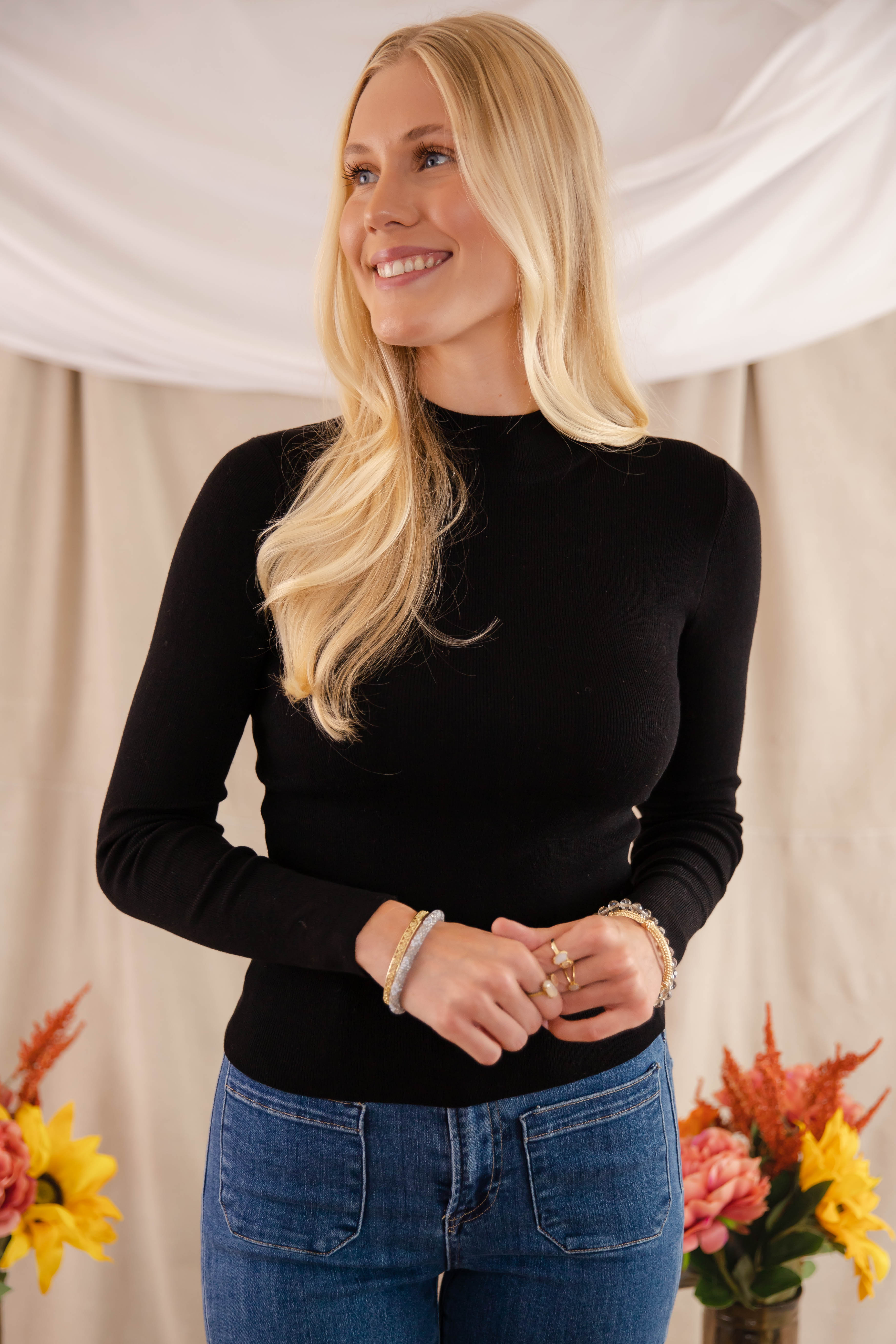 Women's Fitted Ribbed Top- Chic Layering Tops- Black Ribbed Long Sleeve ...