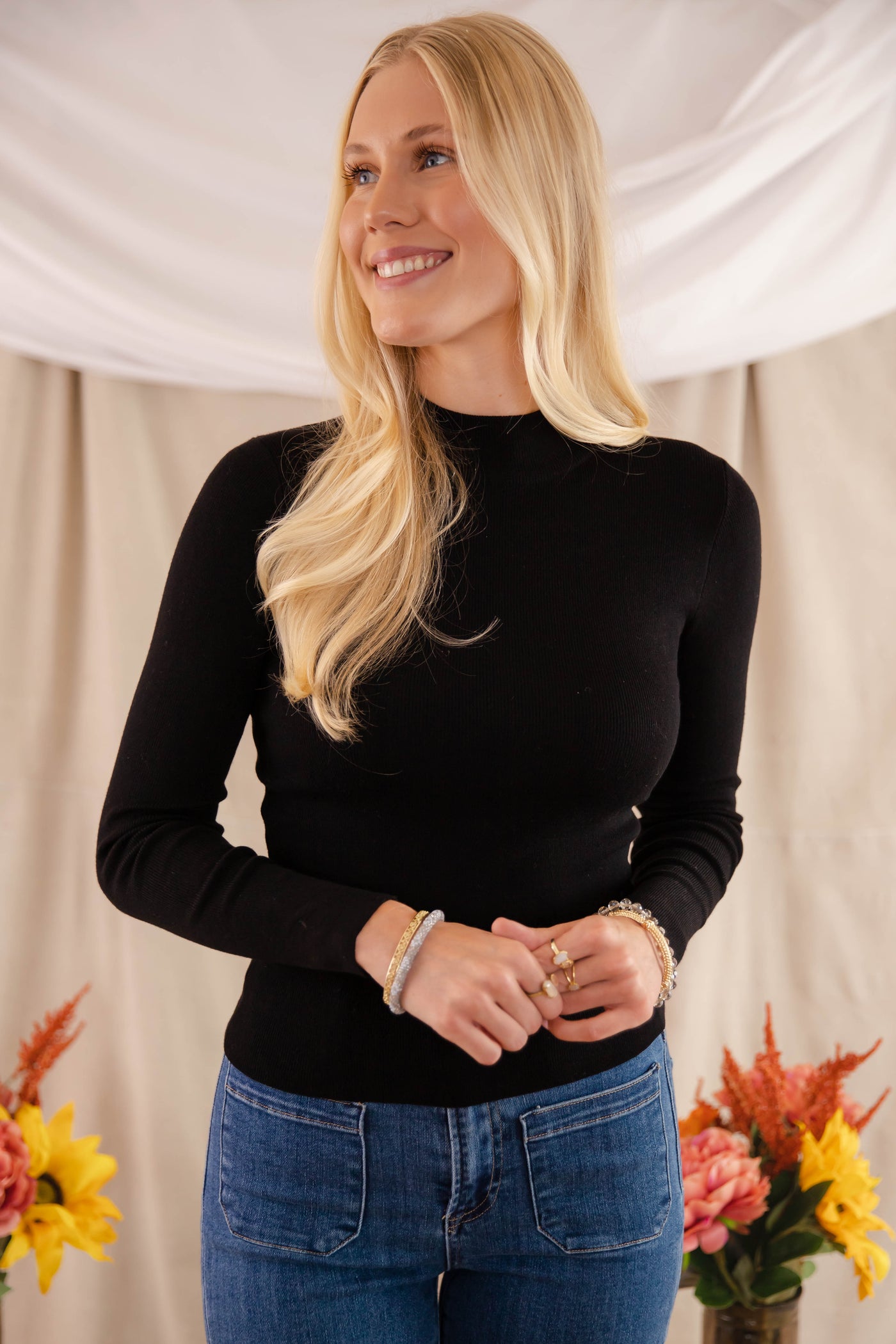 Women's Fitted Ribbed Top- Chic Layering Tops- Black Ribbed Long Sleeve Top