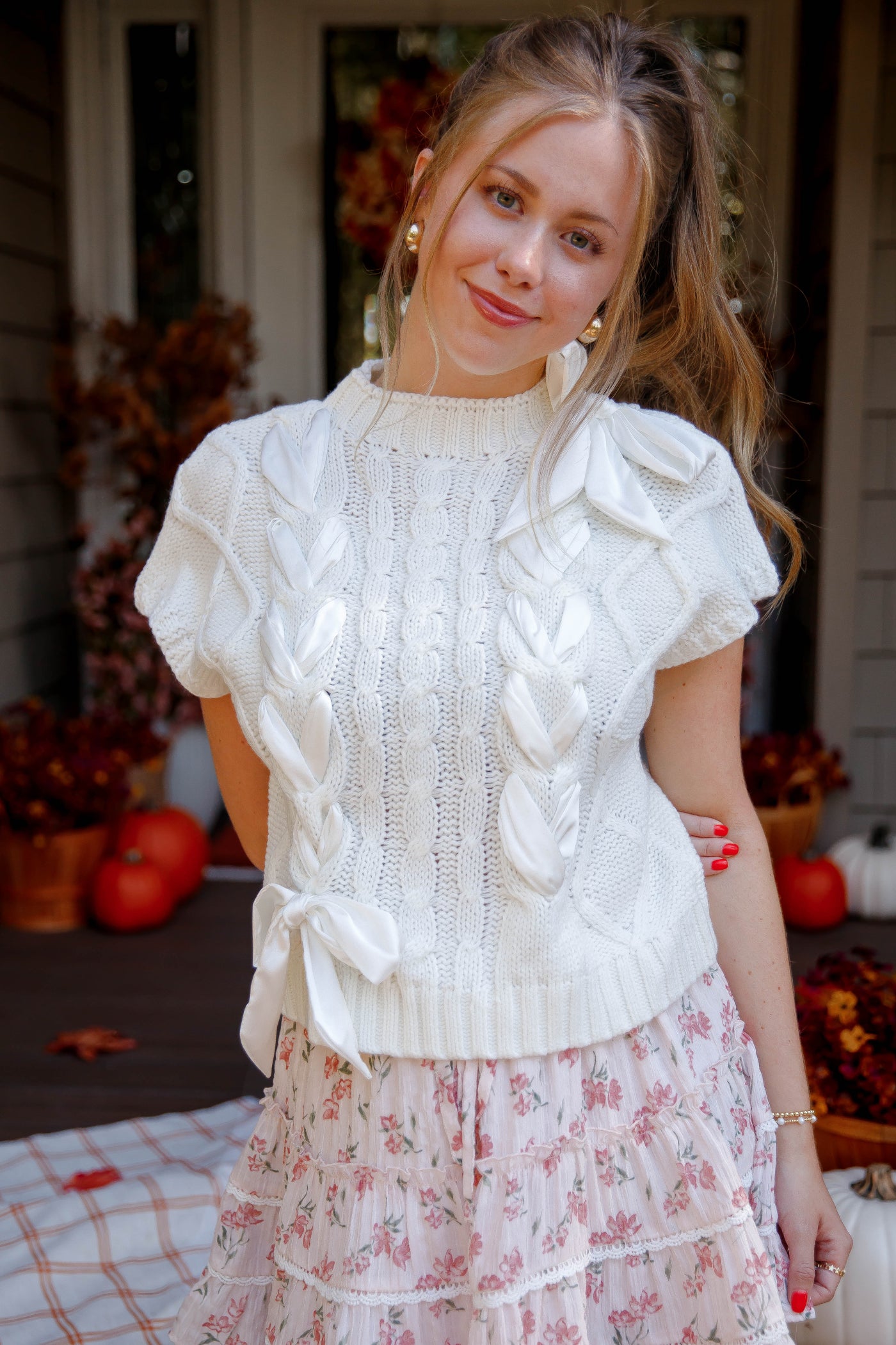 Sweater Vest with Satin Ribbon Bow- Women's Preppy Cable Knit Sweater Vest with Bows- Lalavon Ribbon Sweater Vest