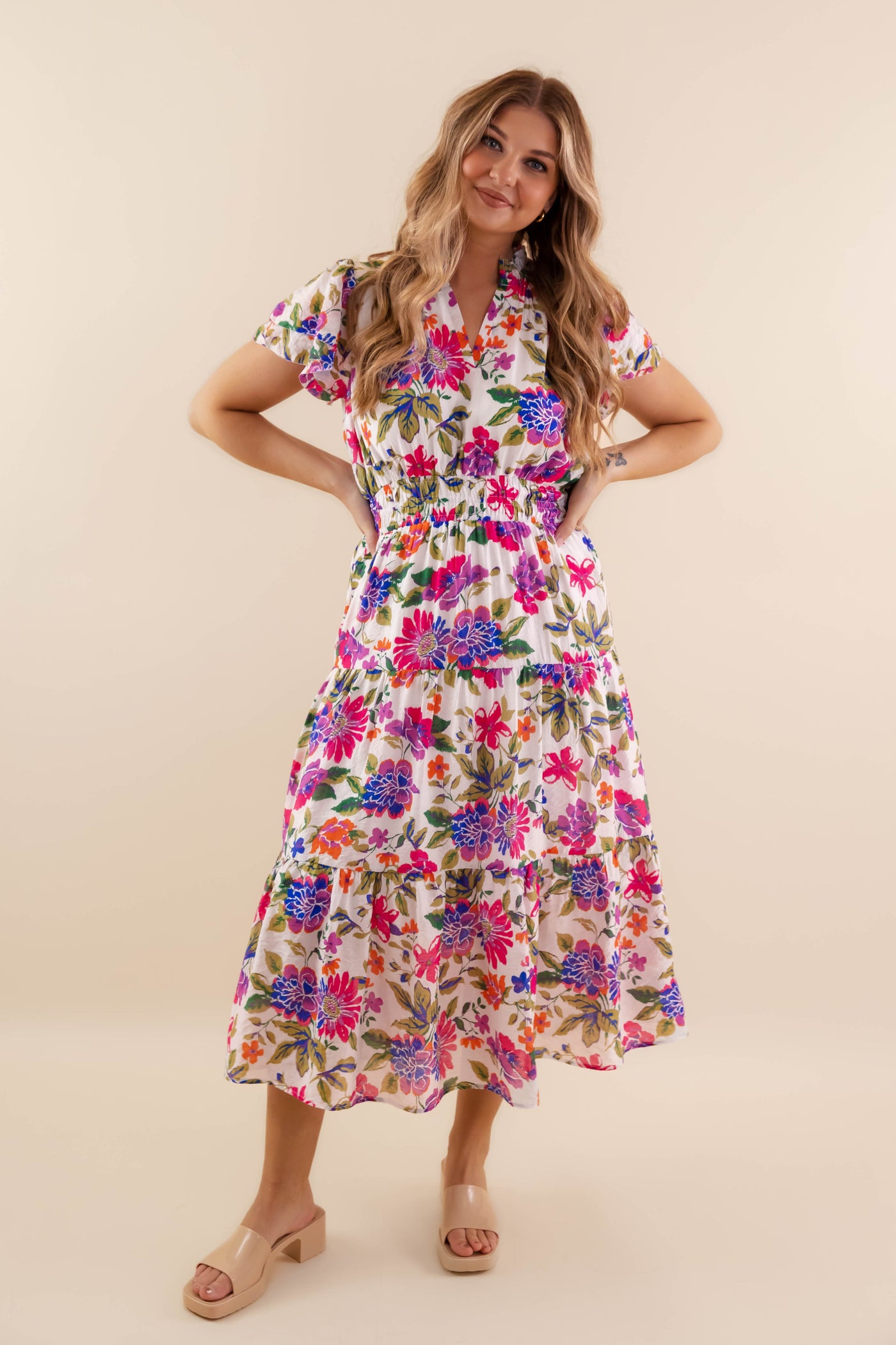 Floral Print V-Neck Midi Dress- Women's Spring Summer Midi Dress- Umgee Dresses