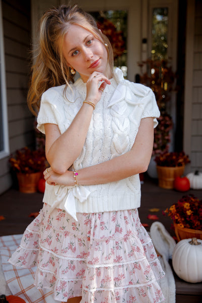 Sweater Vest with Satin Ribbon Bow- Women's Preppy Cable Knit Sweater Vest with Bows- Lalavon Ribbon Sweater Vest