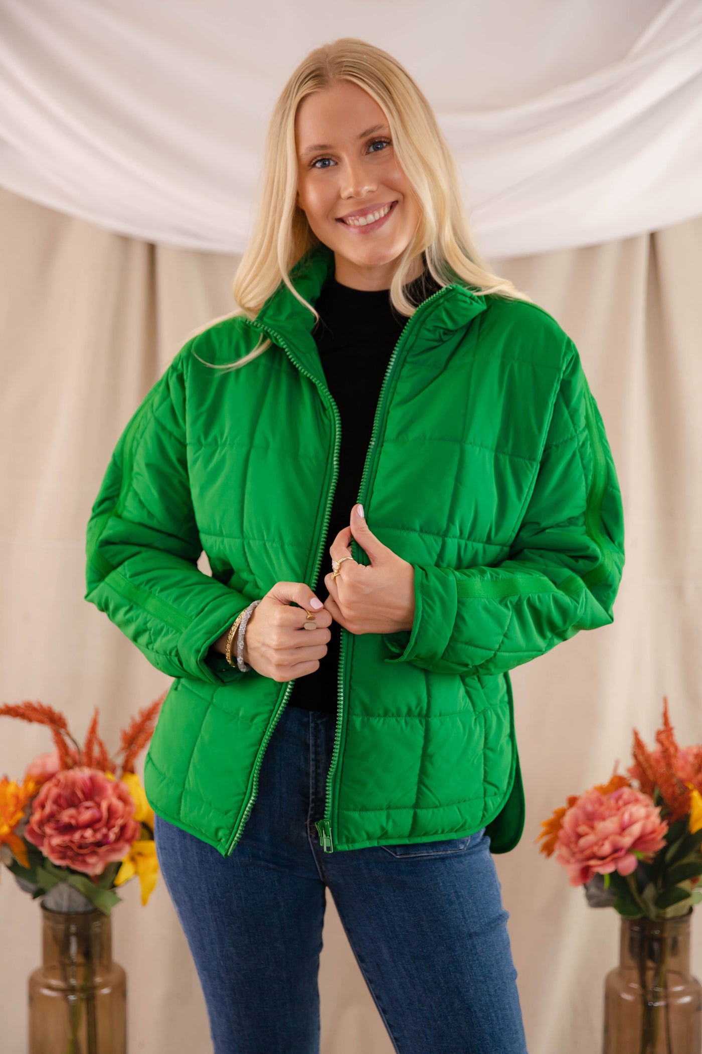 Green Quilted Puffer Jacket- Women's Boxy Fall Jacket- FP Dupe Quilted Jacket