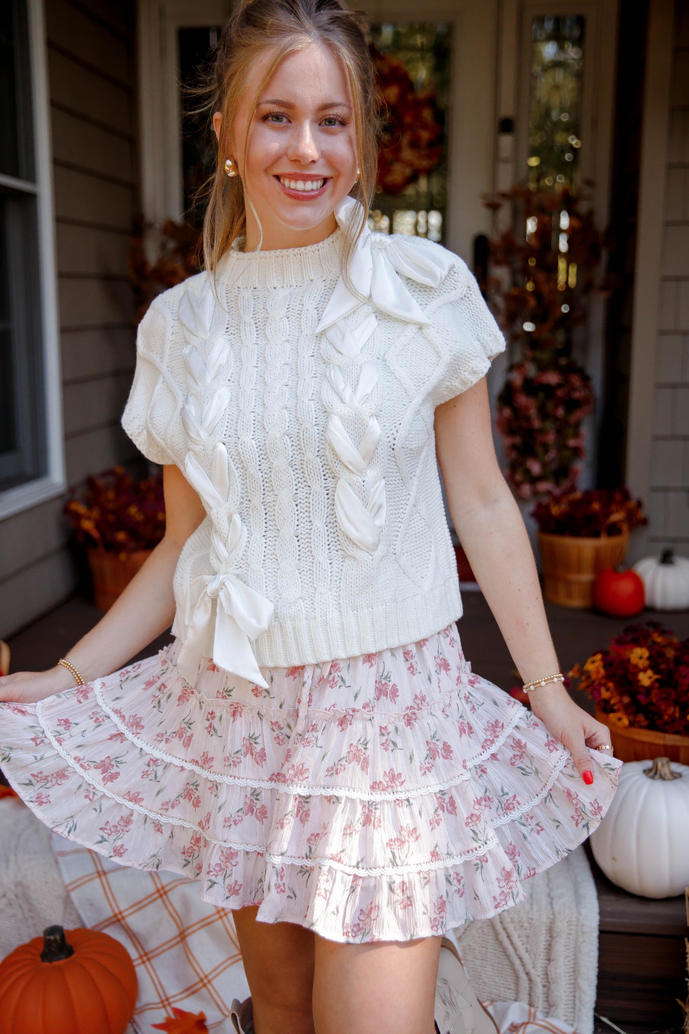 Sweater Vest with Satin Ribbon Bow- Women's Preppy Cable Knit Sweater Vest with Bows- Lalavon Ribbon Sweater Vest