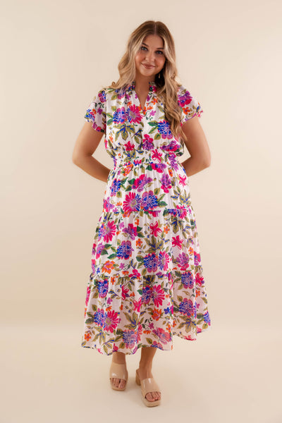 Floral Print V-Neck Midi Dress- Women's Spring Summer Midi Dress- Umgee Dresses