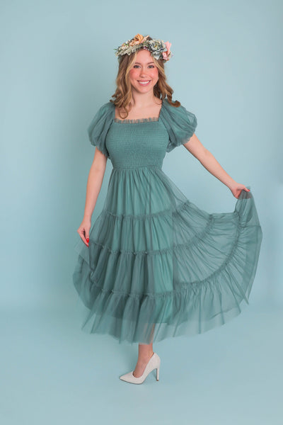 Women's Pretty Teal Tulle Dress- Women's Tulle Long Dress- Tulle Long Photoshoot Dress