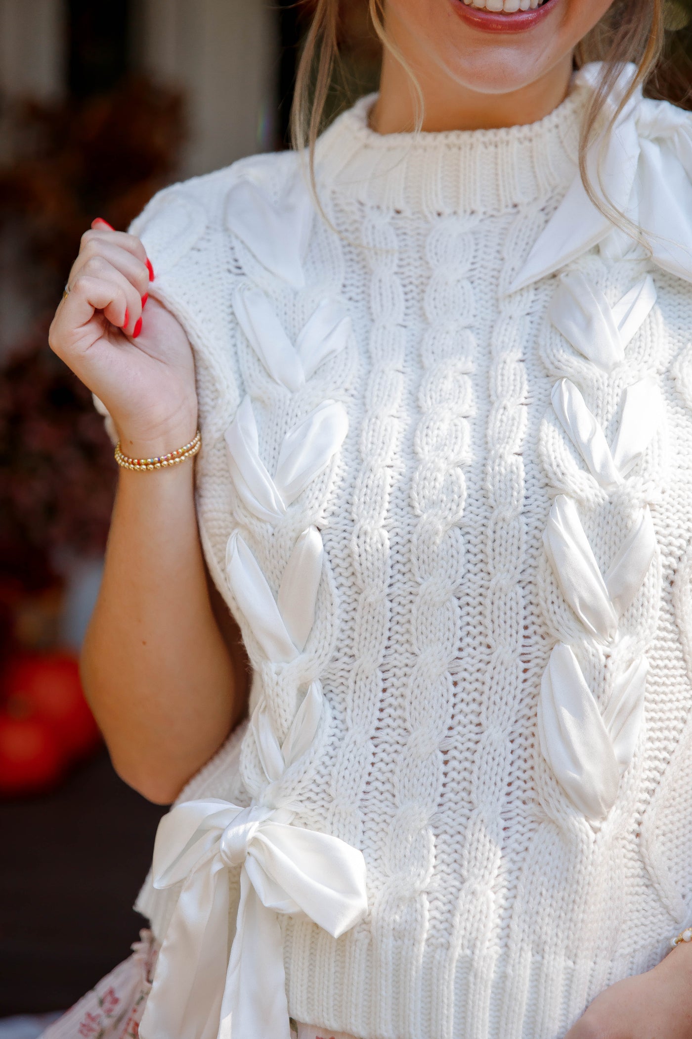 Sweater Vest with Satin Ribbon Bow- Women's Preppy Cable Knit Sweater Vest with Bows- Lalavon Ribbon Sweater Vest