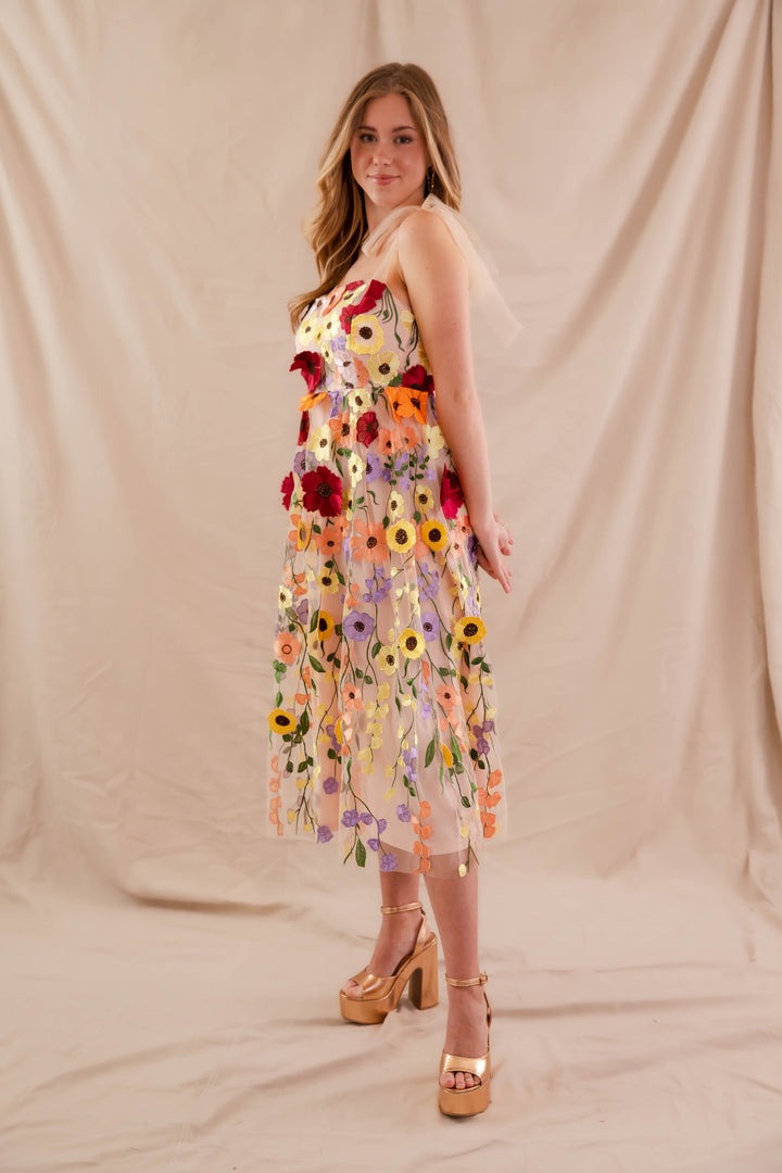 Women's 3D Floral Midi Dress- Elegant Floral Applique Dress- INA