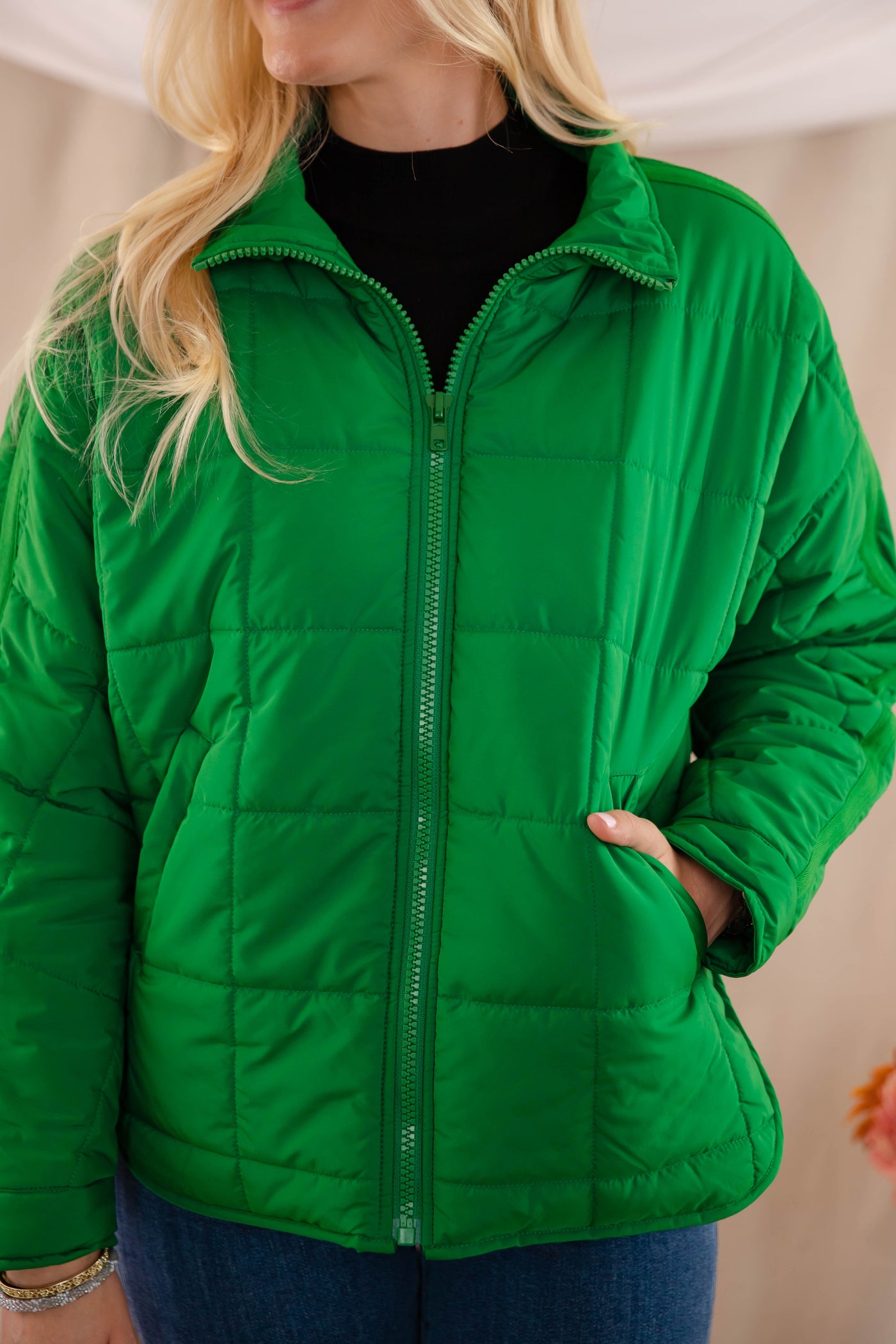 Green Quilted Puffer Jacket- Women's Boxy Fall Jacket- FP Dupe Quilted Jacket