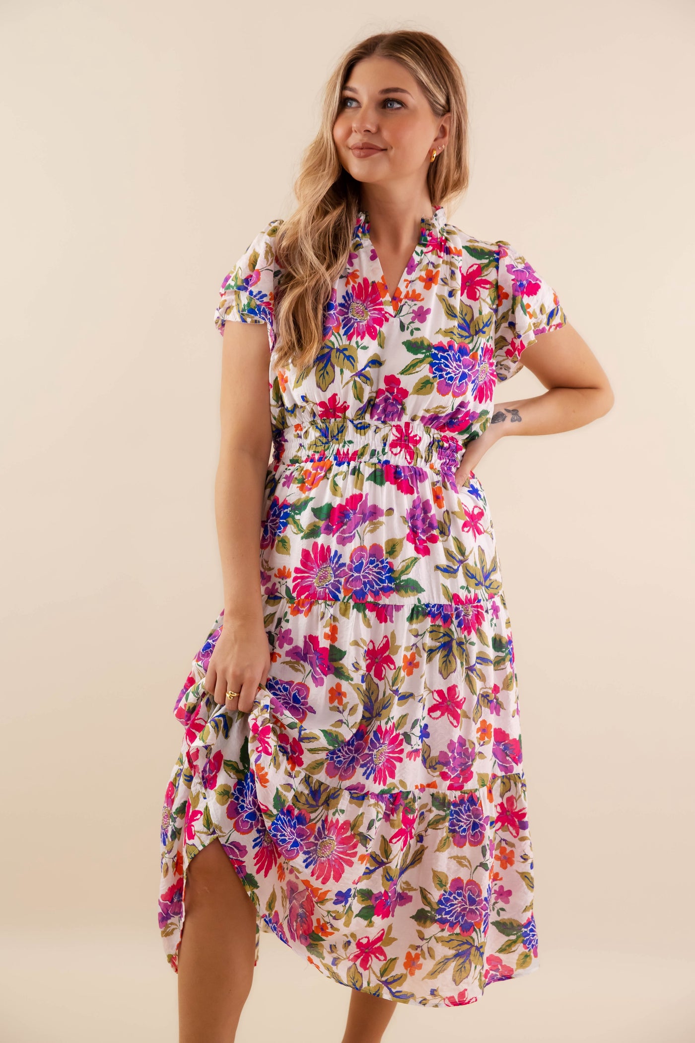 Floral Print V-Neck Midi Dress- Women's Spring Summer Midi Dress- Umgee Dresses