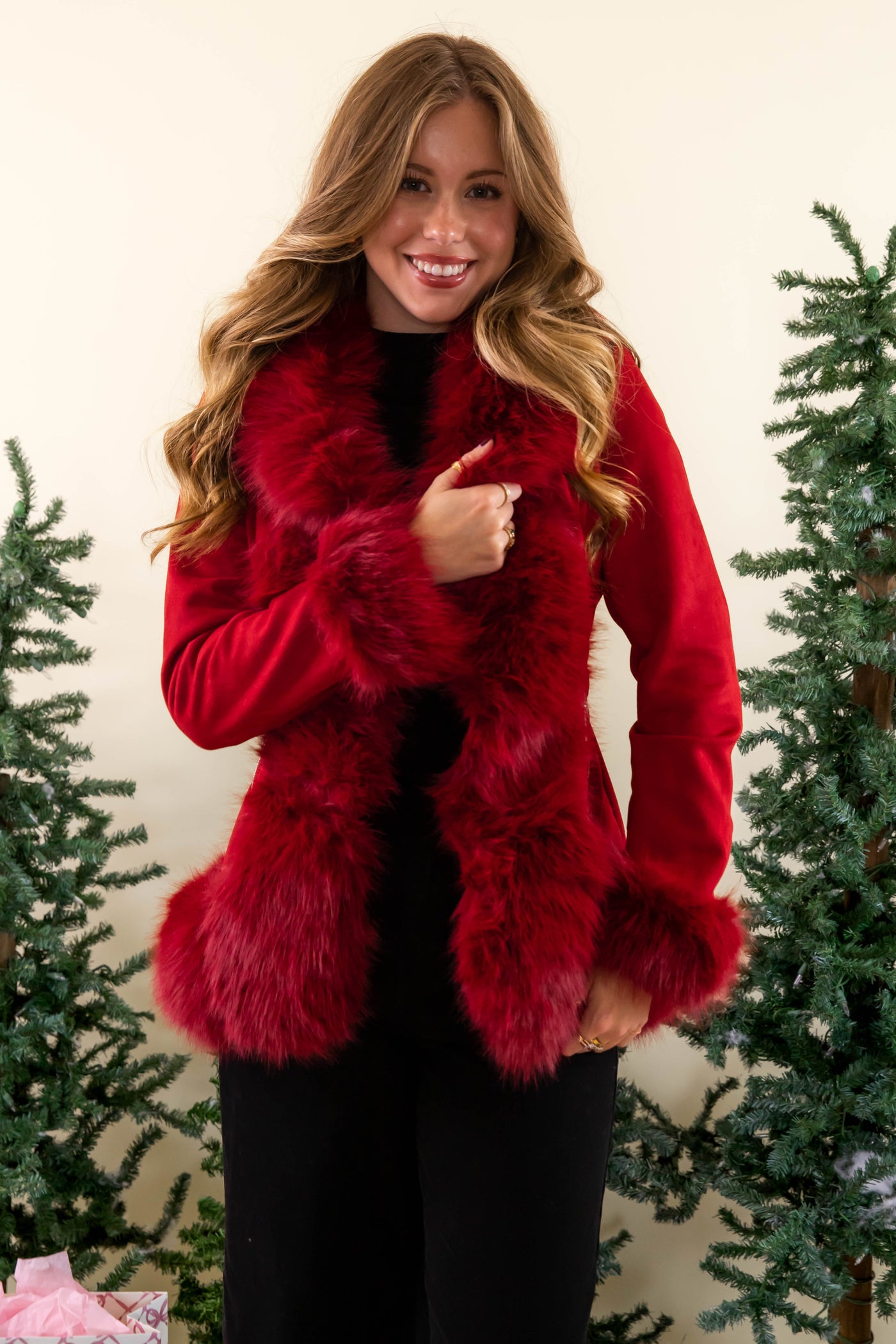 Red Suede Fur Coat- Women's Red Coat with Fur- Coalition Red Fur Jacket