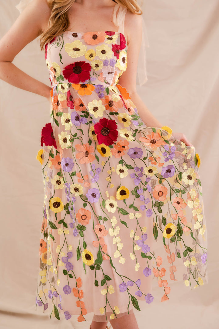 Women's 3D Floral Midi Dress- Elegant Floral Applique Dress- INA Flower Dress Medium