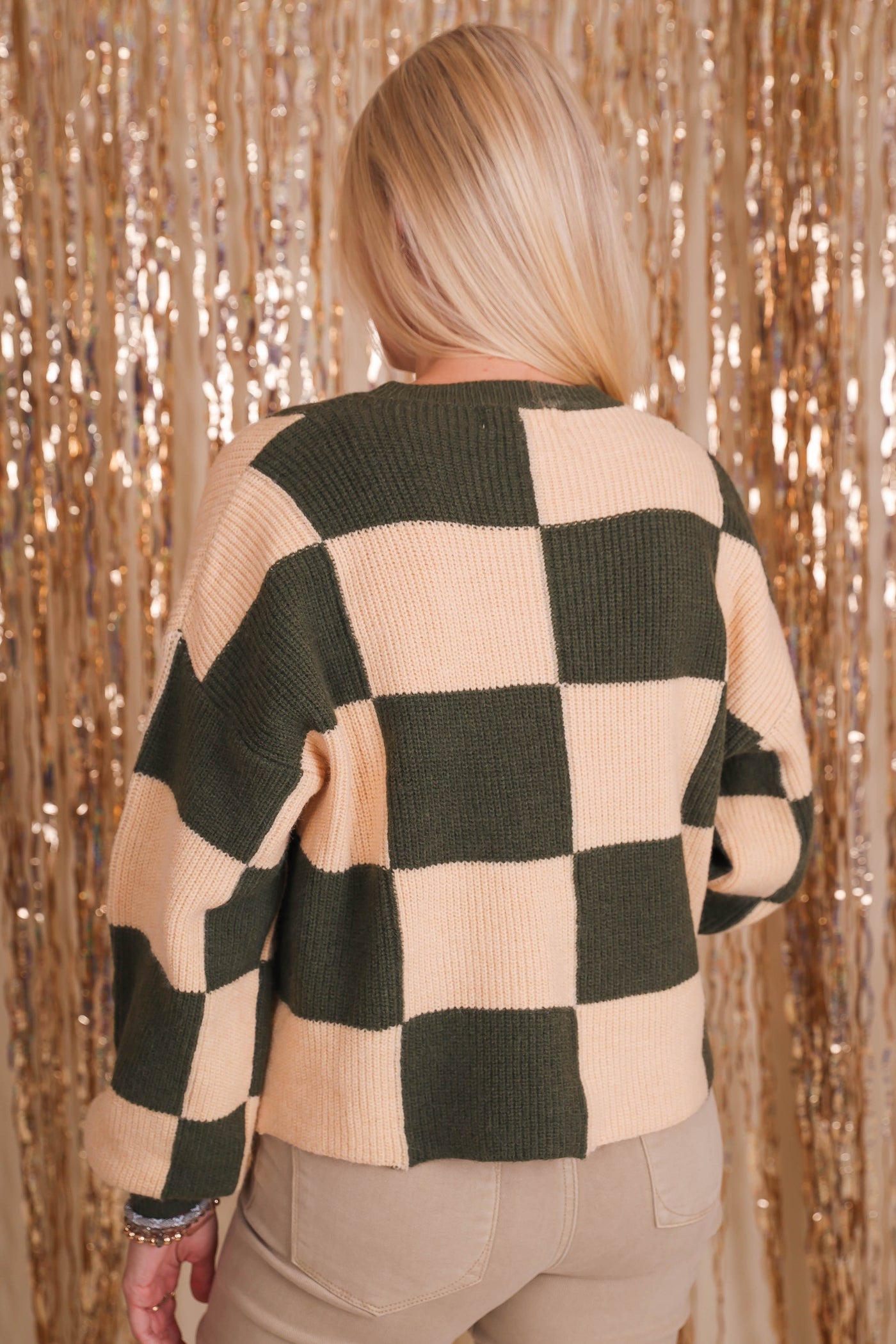 Women's Oversized Checkered Sweater- Women's Knit Olive Sweater- &Merci Sweaters