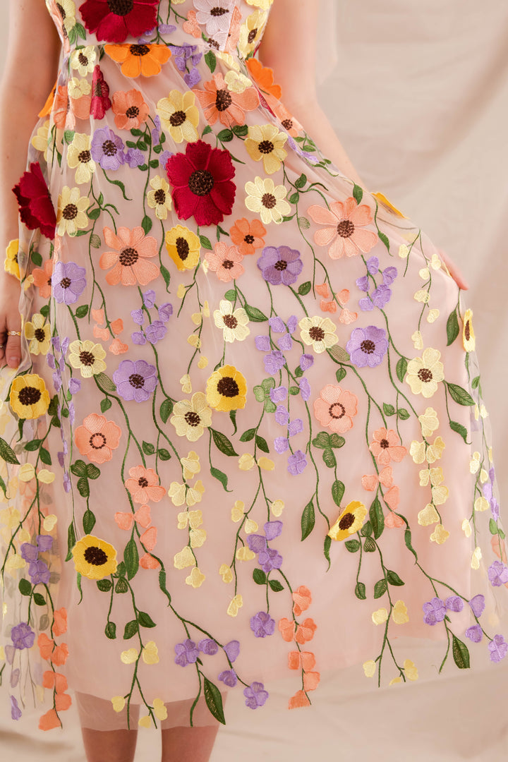 Women's 3D Floral Midi Dress- Elegant Floral Applique Dress- INA