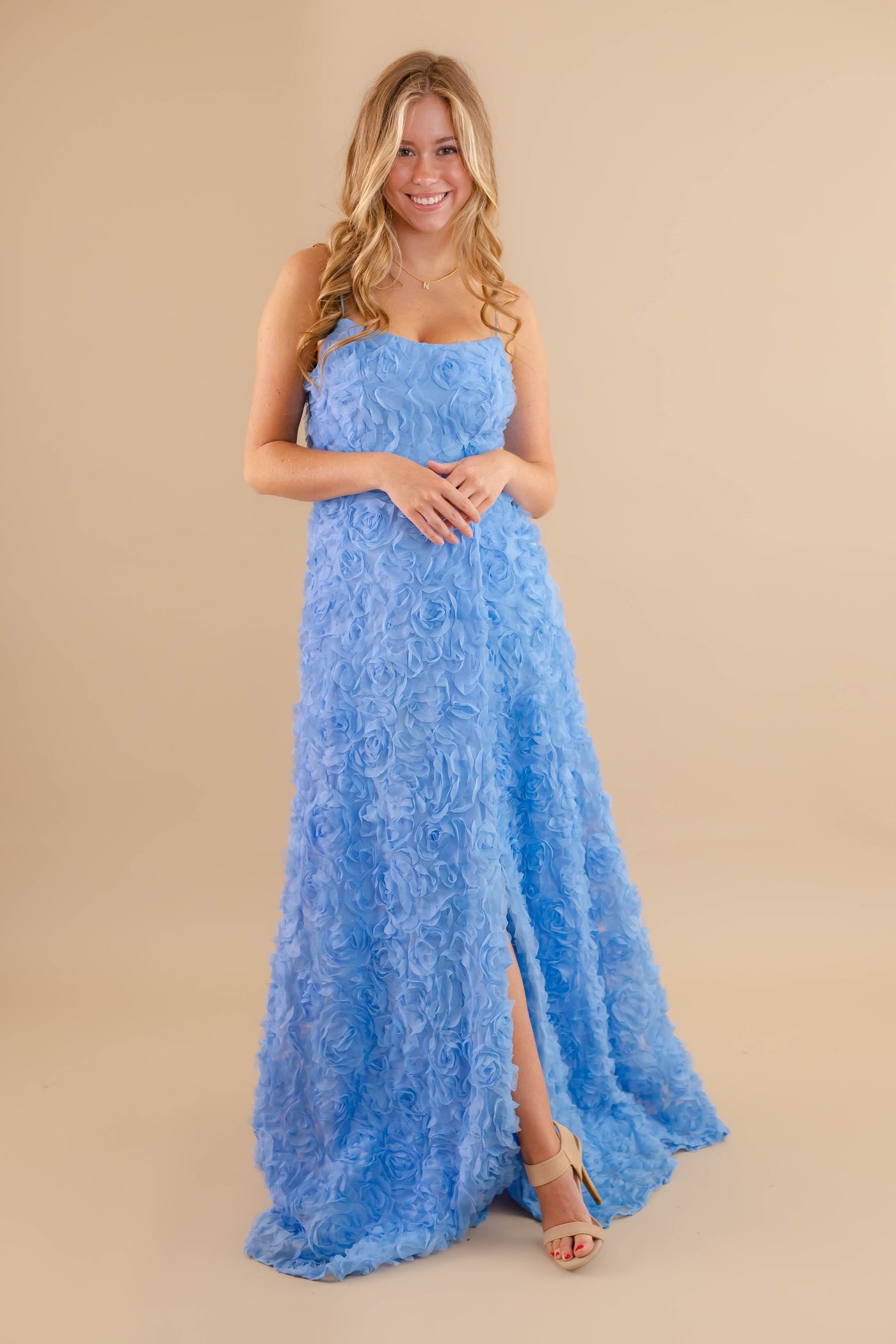 Blue 3D Flower Maxi Dress- Women's Formal Blue Long Dress- Rosette Maxi Dress