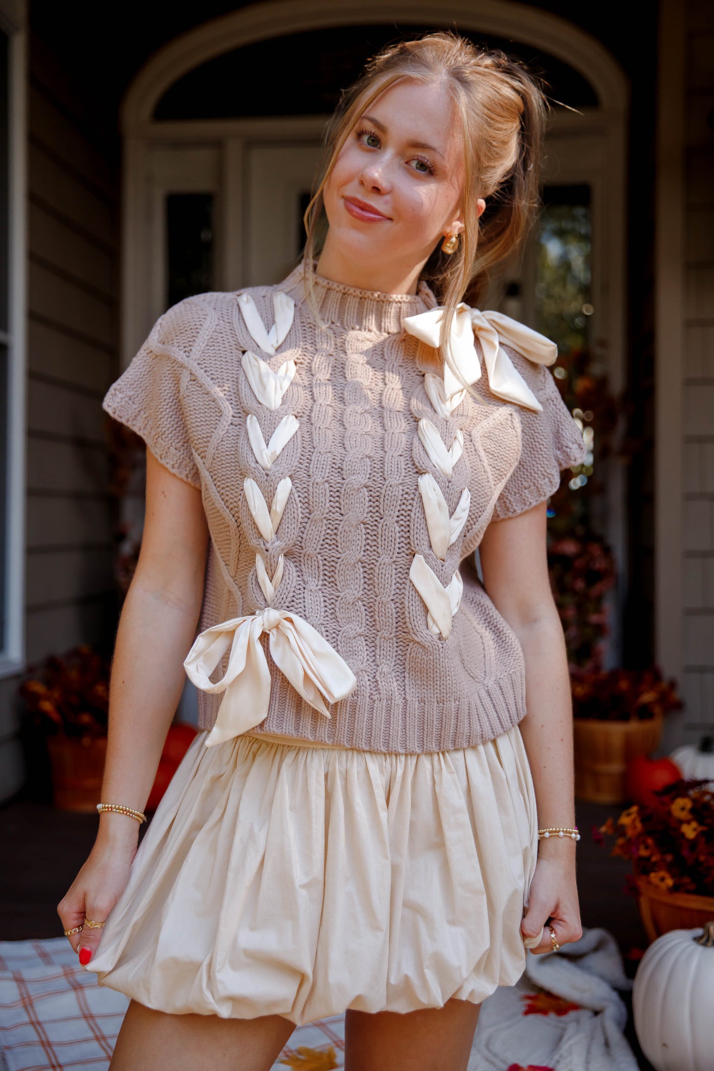 Sweater Vest with Satin Ribbon Bow- Women's Preppy Cable Knit Sweater Vest with Bows- Lalavon Ribbon Sweater Vest