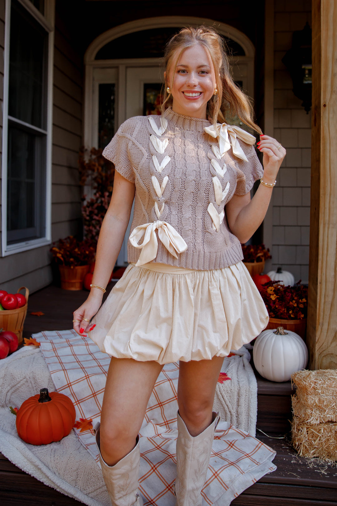 Sweater Vest with Satin Ribbon Bow- Women's Preppy Cable Knit