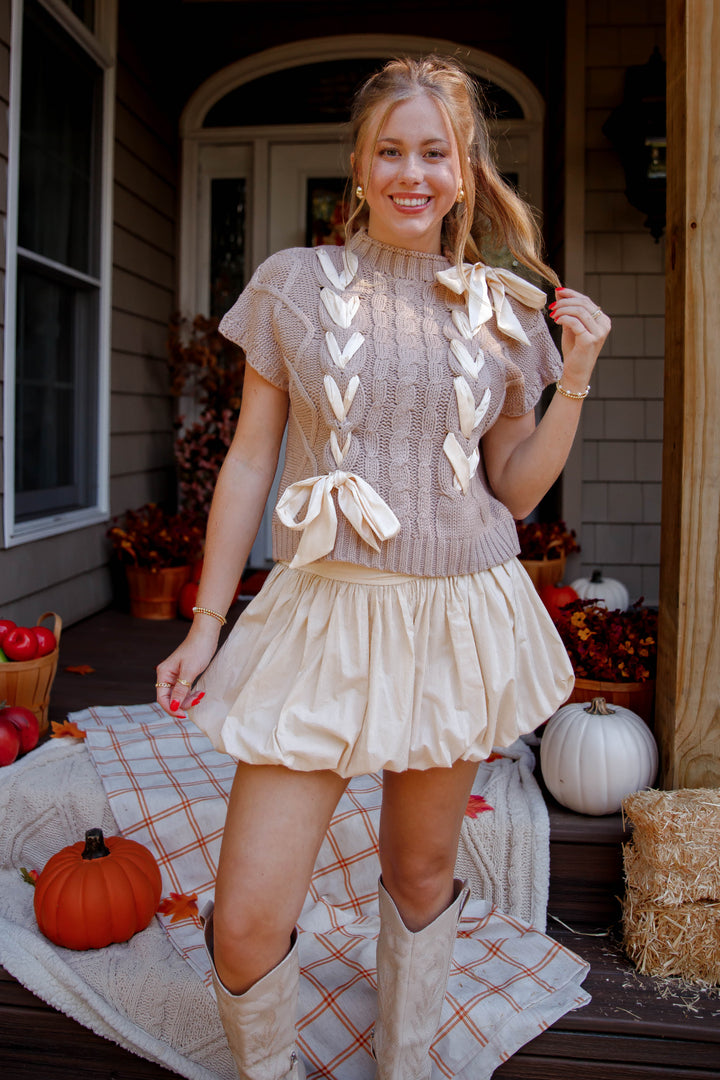 Sweater Vest with Satin Ribbon Bow- Women's Preppy Cable Knit