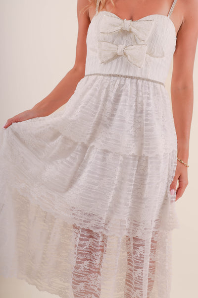 Women's White Lace Midi Dress- Women's Bow and Rhinestone Midi Dress- LENA Midi Dress