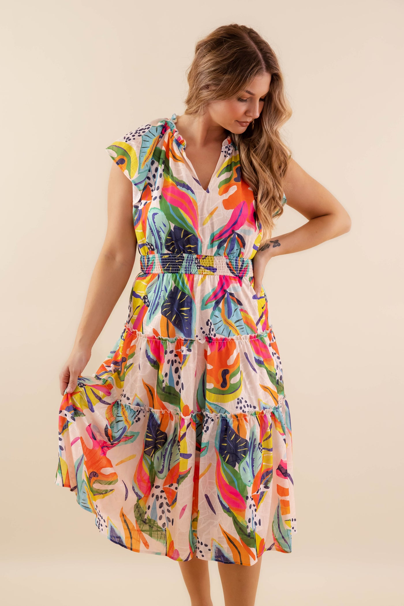 Multi-Color Leaf Print Midi Dress- Women's Vacation Dresses- Umgee Midi Dress