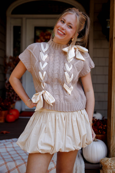 Sweater Vest with Satin Ribbon Bow- Women's Preppy Cable Knit Sweater Vest with Bows- Lalavon Ribbon Sweater Vest
