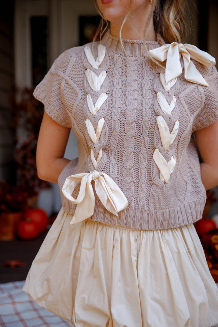 Sweater Vest with Satin Ribbon Bow- Women's Preppy Cable Knit