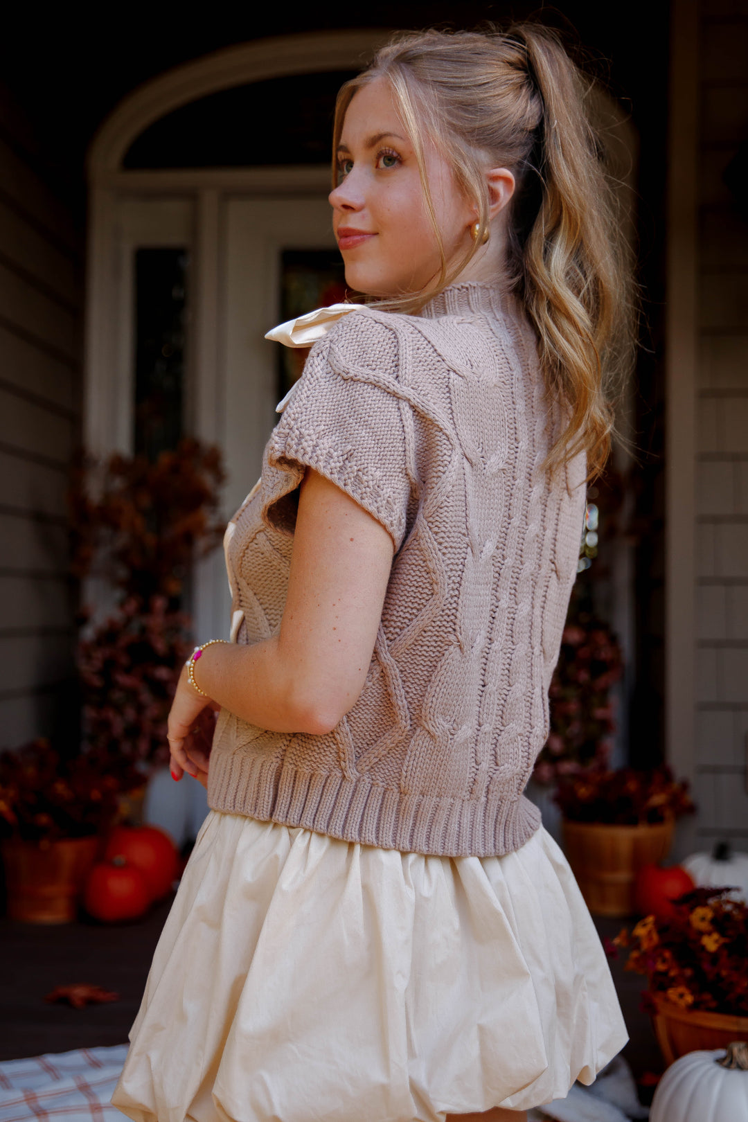 Sweater Vest with Satin Ribbon Bow- Women's Preppy Cable Knit
