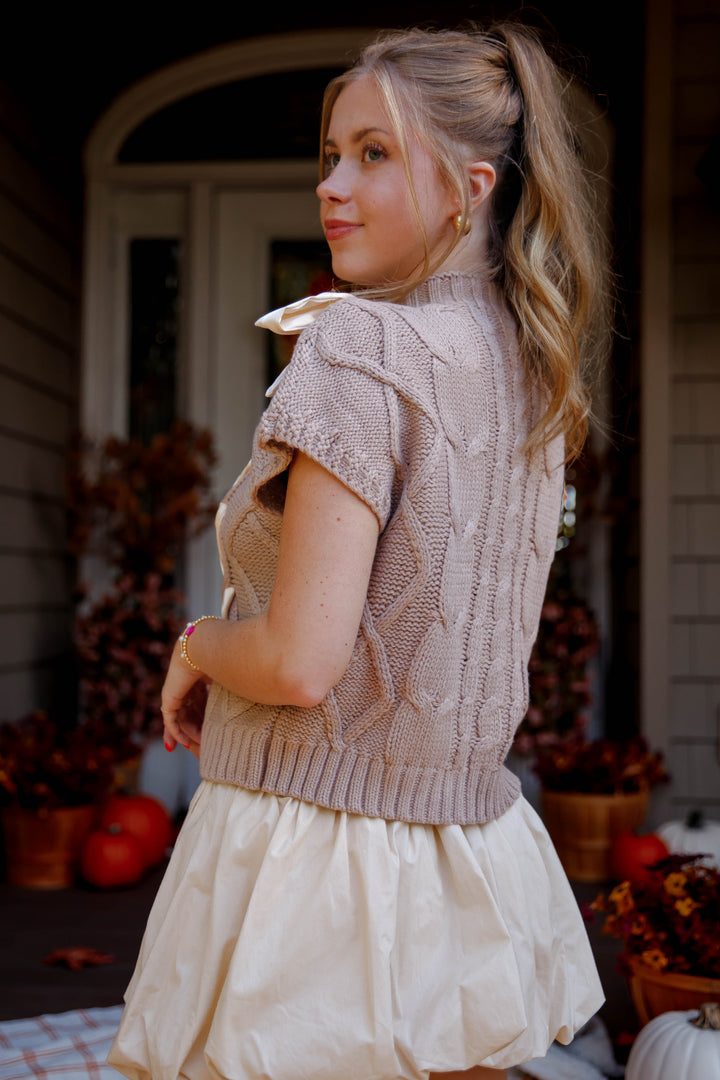 Sweater Vest with Satin Ribbon Bow- Women's Preppy Cable Knit