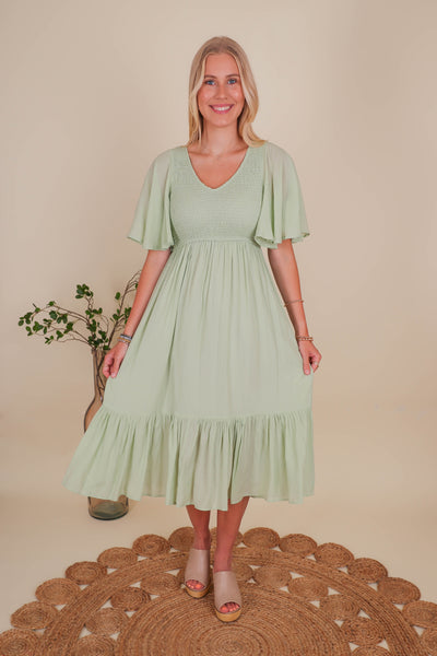 Women's Smocked Midi Dress- Light Green Midi Dress- Sweet Lemon Midi Dress