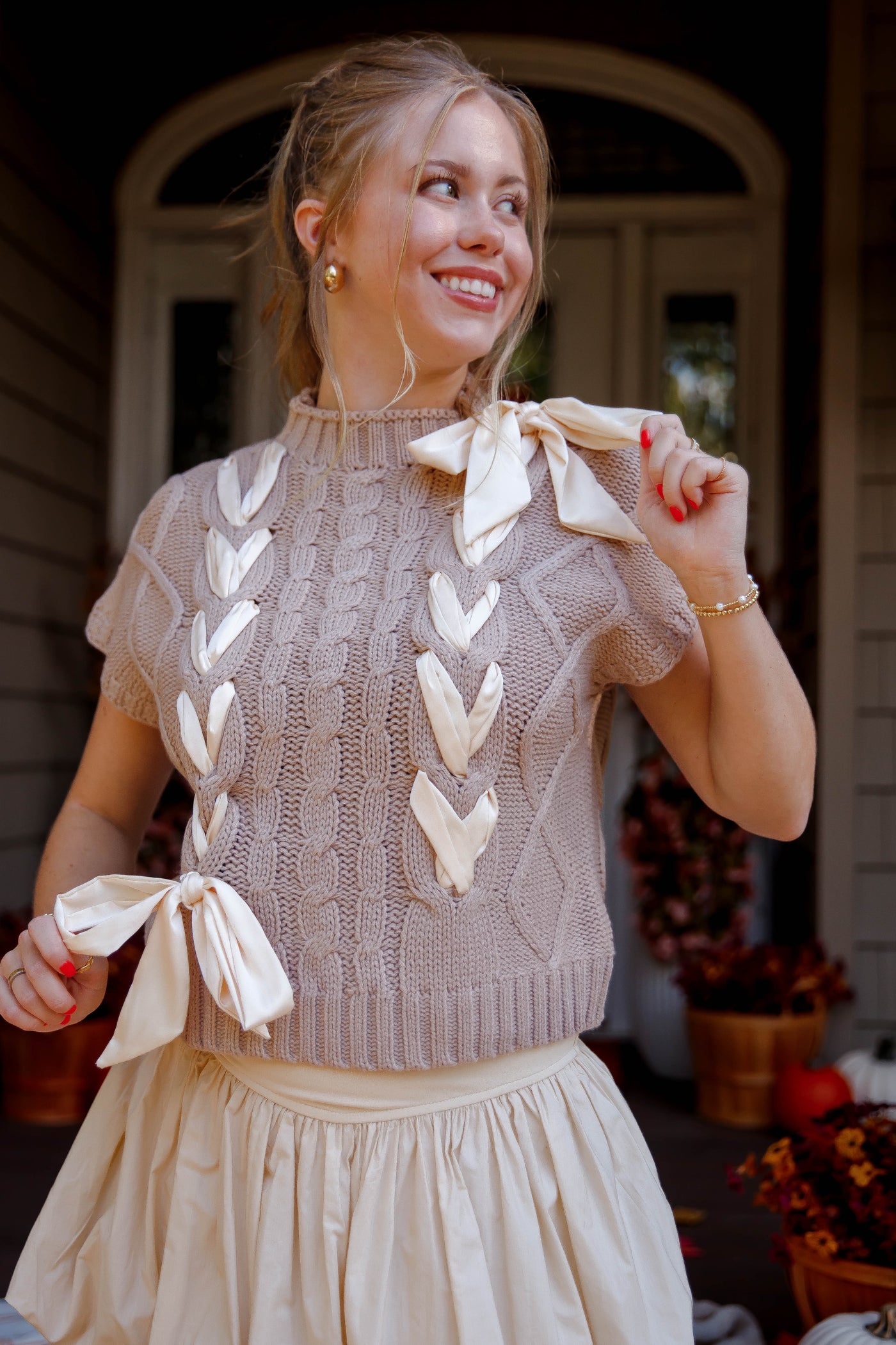 Sweater Vest with Satin Ribbon Bow- Women's Preppy Cable Knit Sweater Vest with Bows- Lalavon Ribbon Sweater Vest