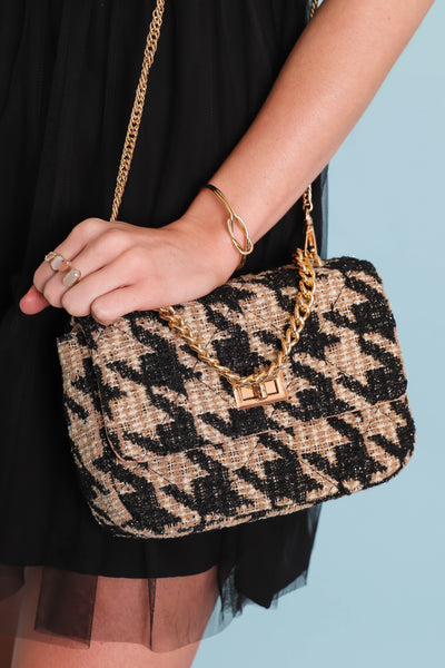 Black and Beige Tweed Handbag- Designer Dupe Tweed Chain Purse- Urban Expressions Handbags