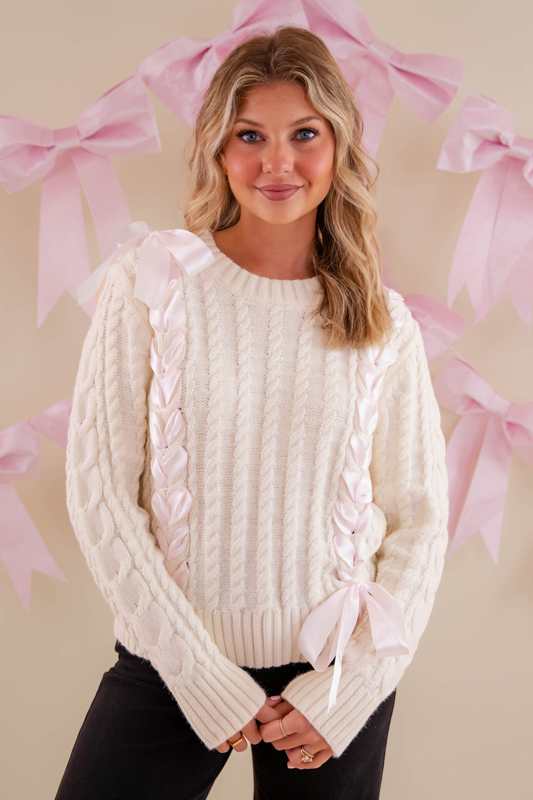 Ivory Sweater With Pink Ribbon- Cable Knit Ribbon Sweater For