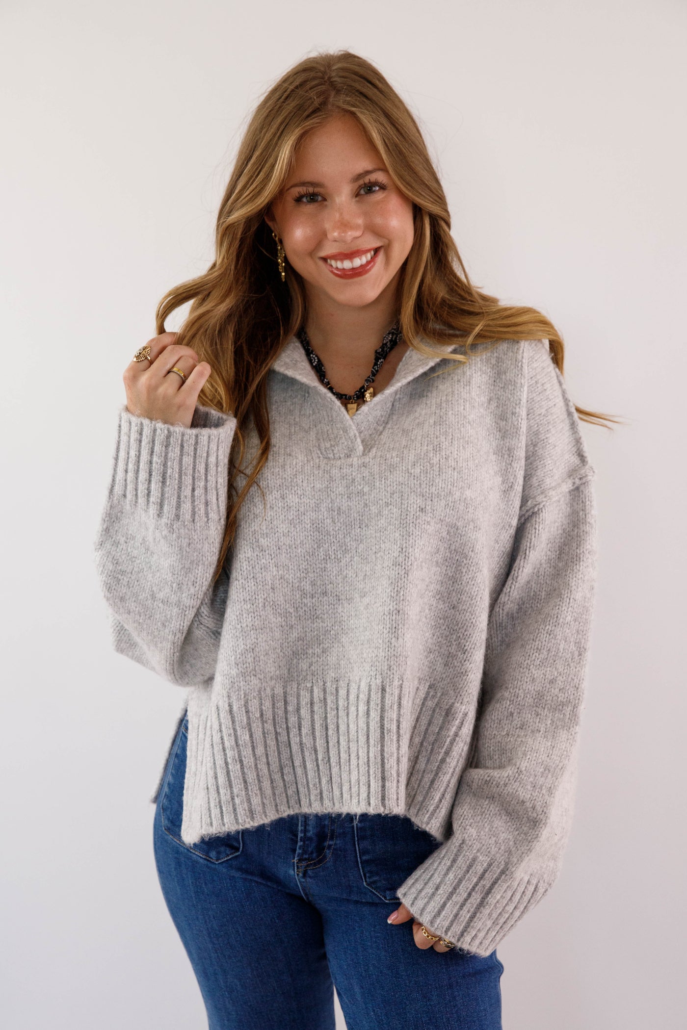 Polo Collar Ribbed Hem Sweater- Women's Cozy Grey Sweater- Boxy Knit Sweater for Women