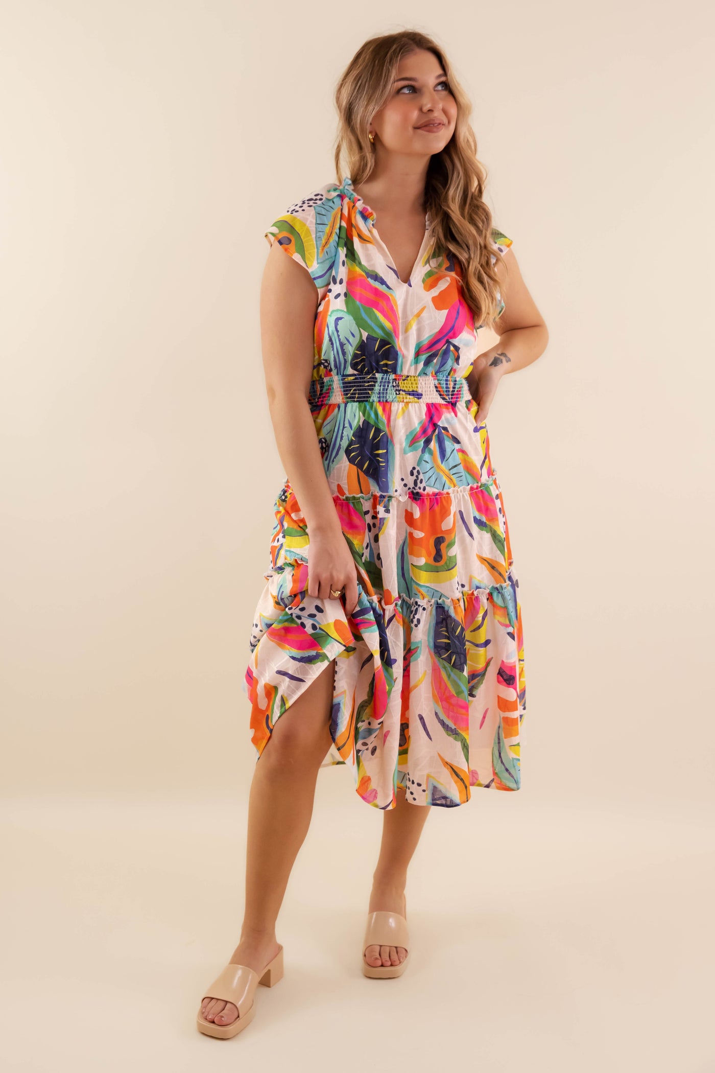 Multi-Color Leaf Print Midi Dress- Women's Vacation Dresses- Umgee Midi Dress