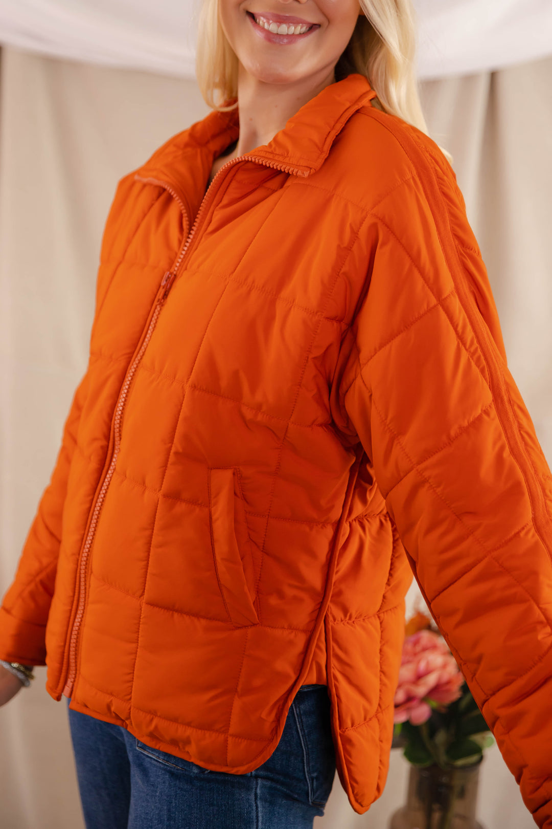 Rust Orange Quilted Puffer Jacket- Women's Boxy Fall Jacket- FP