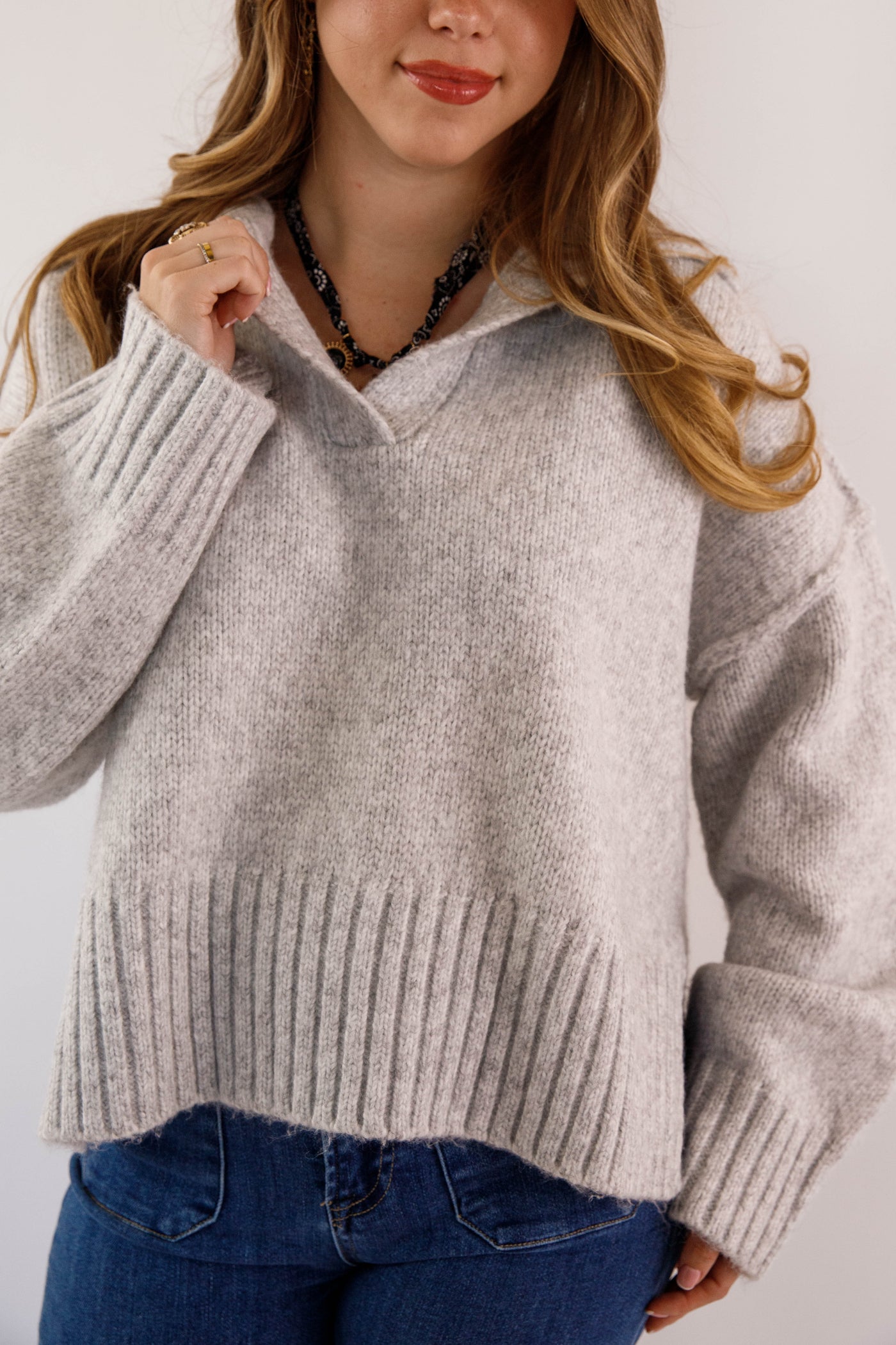 Polo Collar Ribbed Hem Sweater- Women's Cozy Grey Sweater- Boxy Knit Sweater for Women