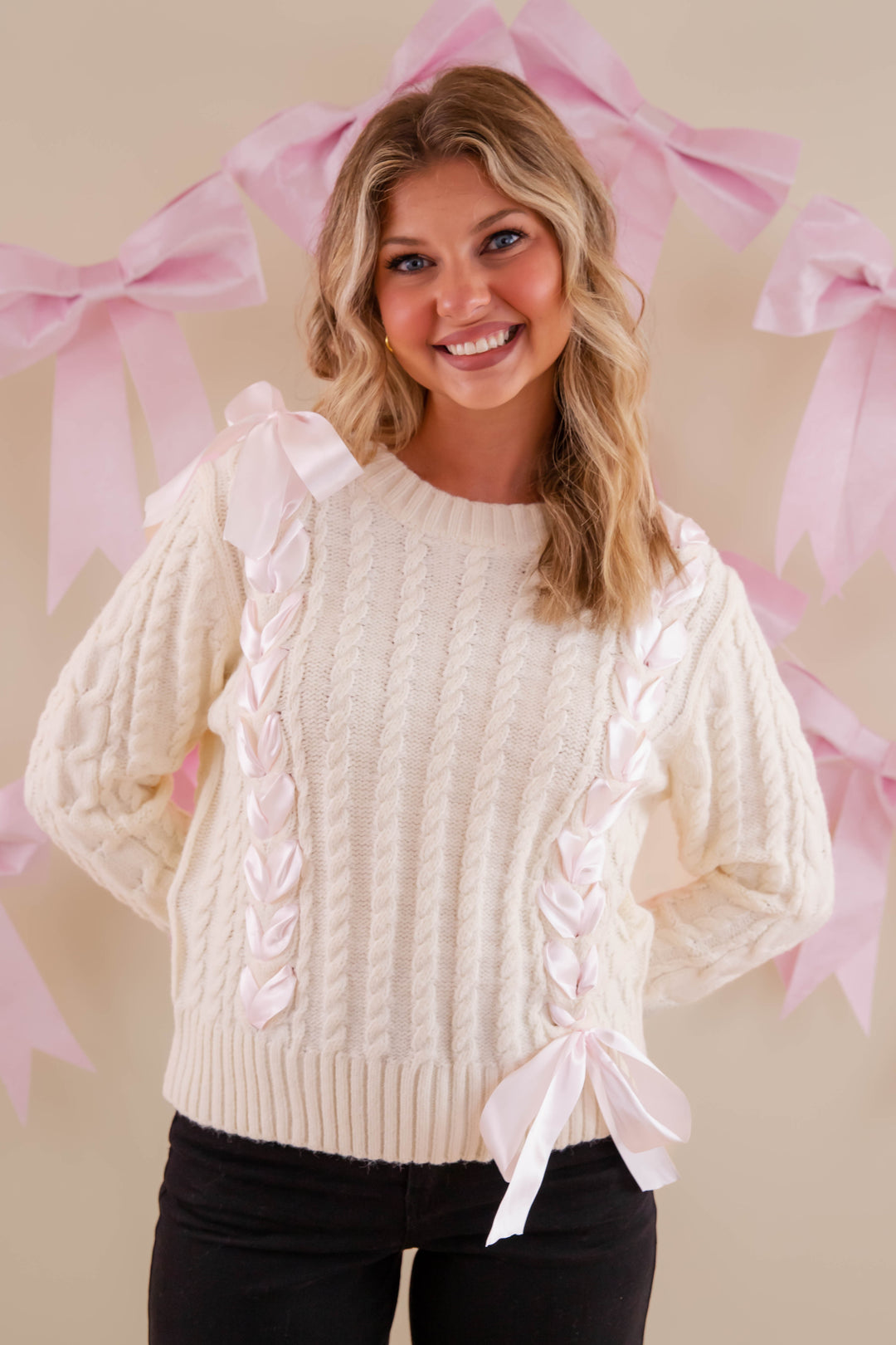Ivory Sweater With Pink Ribbon- Cable Knit Ribbon Sweater For
