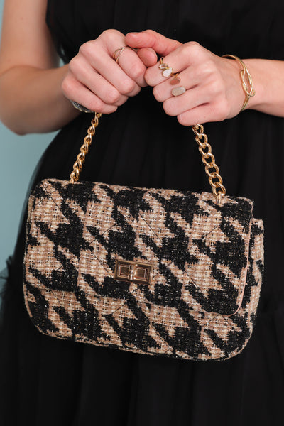Black and Beige Tweed Handbag- Designer Dupe Tweed Chain Purse- Urban Expressions Handbags