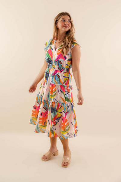 Multi-Color Leaf Print Midi Dress- Women's Vacation Dresses- Umgee Midi Dress